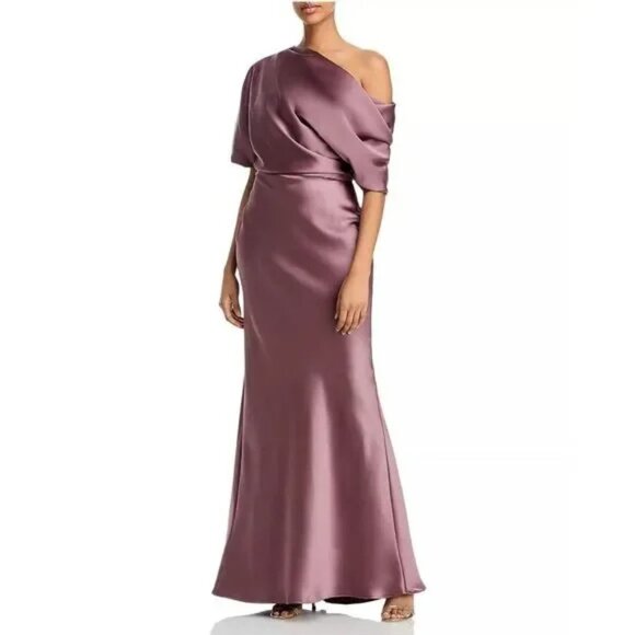 495$ Amsale Draped Satin Asymmetric One Shoulder Maxi Dress Size 12 Mauve - Picture 1 of 2